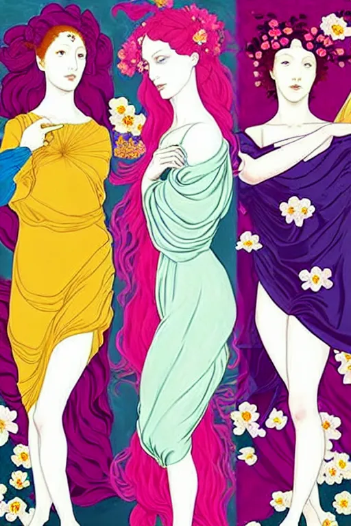 Image similar to 3 Spring Muses symbolically representing March, April, and May, in a style blending Æon Flux, Peter Chung, Shepard Fairey, Botticelli, Ivan Bolivian, and John Singer Sargent, inspired by pre-raphaelite paintings, shoujo manga, and cool Japanese street fashion, dramatically blossoming flora and fauna, petals falling everywhere, pastel vivid triad colors, hyper detailed, super fine inking lines, ethereal and otherworldly, 4K extremely photorealistic, Arnold render