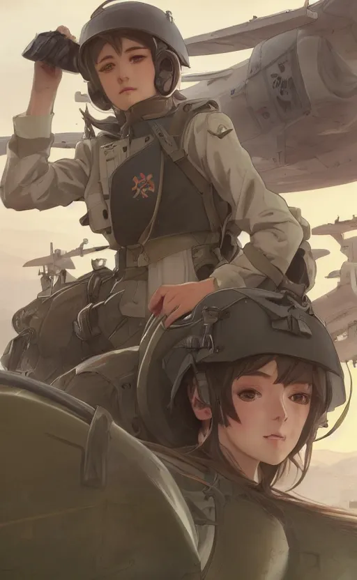 Prompt: panoramic view, a pilot girl, soldier clothing, battlefield in background, anime style, hair down, symmetrical facial features, from arknights, hyper realistic, 4 k, extreme detail, d & d, trending artstation, safebooru, realistic lighting, by alphonse mucha, greg rutkowski, sharp focus