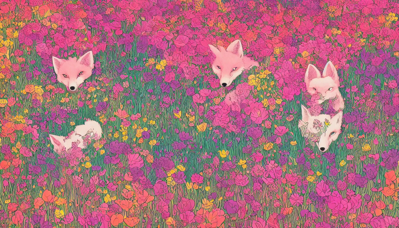 Image similar to pink fox head popping out of a field of multi colored flowers by kilian eng, victo ngai, josan gonzalez