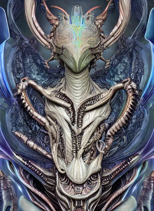 Image similar to hybrid humanoid androgyne muse with recursively horned wing crown attached to side of xenomorphic head, concept art, sculpted iridescent optical mineralogy features, xenomorphic, intricate detail, holographic, pixel sorting, style by James Jean, circuitry, organic detail, asymmetry, cinematic, epic wide shot, ultra detailed, artstation, sharp focus,smooth, cinematic lighting, cinematic detail, composition, photorealistic, render in unreal engine 5, golden ratio, 8k render