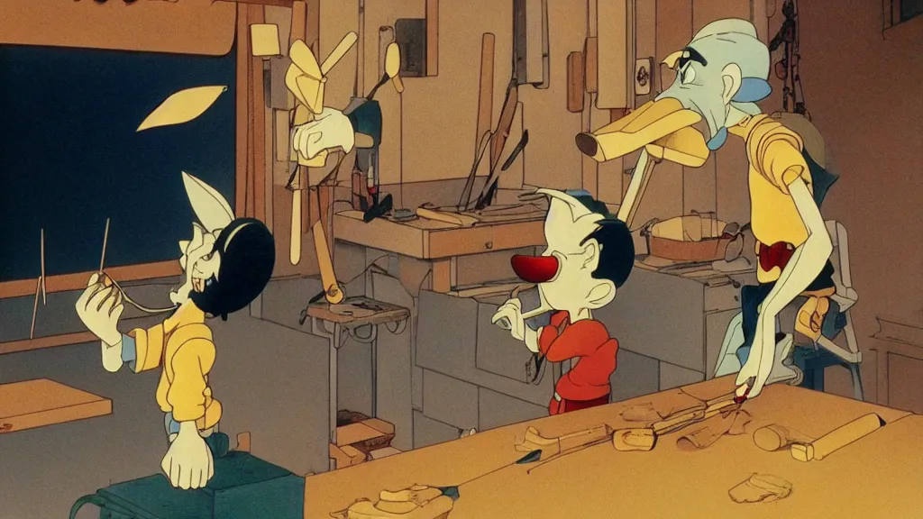 Image similar to geppetto making pinocchio, anime film still from the an anime directed by katsuhiro otomo with art direction by salvador dali, wide lens