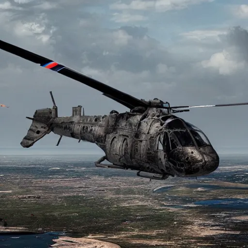 Image similar to A photo of a helicopter destroyed by machine gun fire, highly detailed, 4k