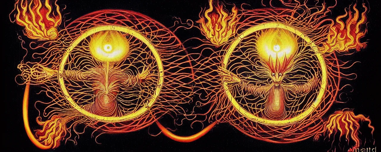 Image similar to a strange fire creature with endearing eyes radiates a unique canto'as above so below'while being ignited by the spirit of haeckel and robert fludd, breakthrough is iminent, glory be to the magic within, in honor of saturn, painted by ronny khalil