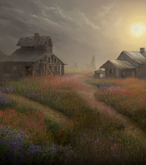 Prompt: a matte painting of a biroremediation architecture, prairie, cottage town, foggy, patchy flowers, oil painting, pale colors, high detail, 8 k, wide angle, trending on artstation,