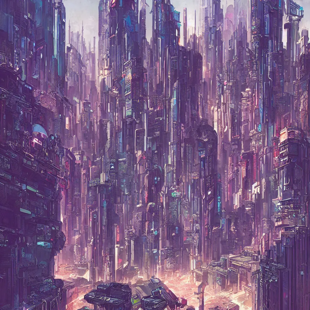 Image similar to a cyberpunk city, digital painting by moebius