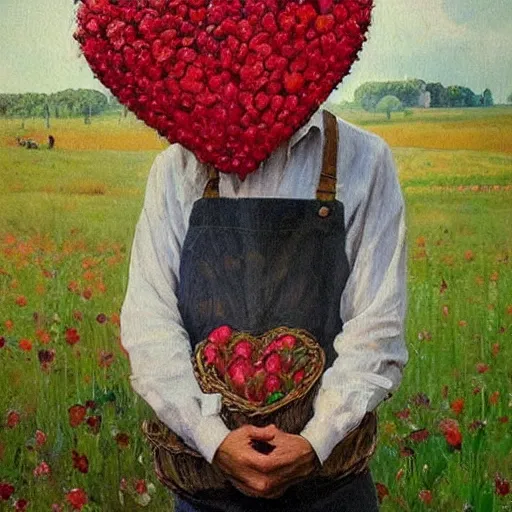 Prompt: a beautiful painting of an european instagram heart farmer. in his arm he has a basket full of hearts. in style of ilya repin, trending on artstation