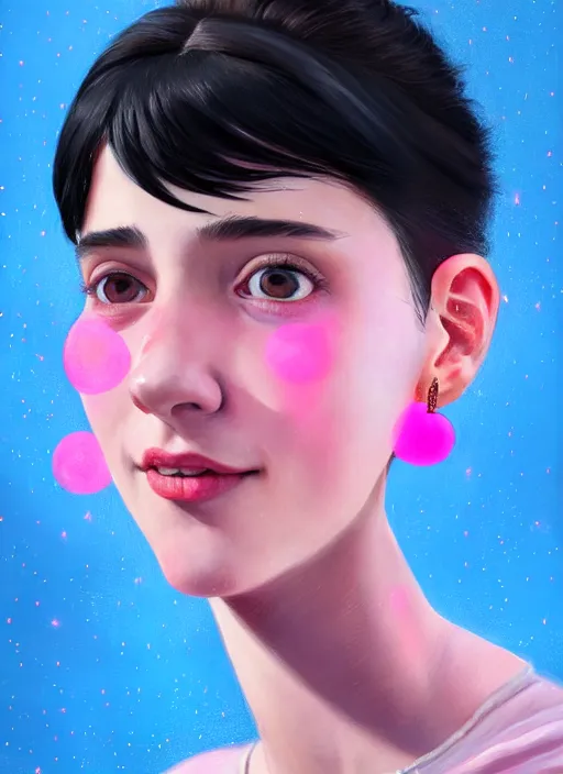 Image similar to portrait of teenage girl, realistic, black hair, bangs, half updo hairstyle, pointy nose, skinny, smile, ugly, defined jawline, big chin, pink hair bow, earrings, intricate, elegant, glowing lights, highly detailed, digital painting, artstation, sharp focus, illustration, art by wlop, mars ravelo and greg rutkowski