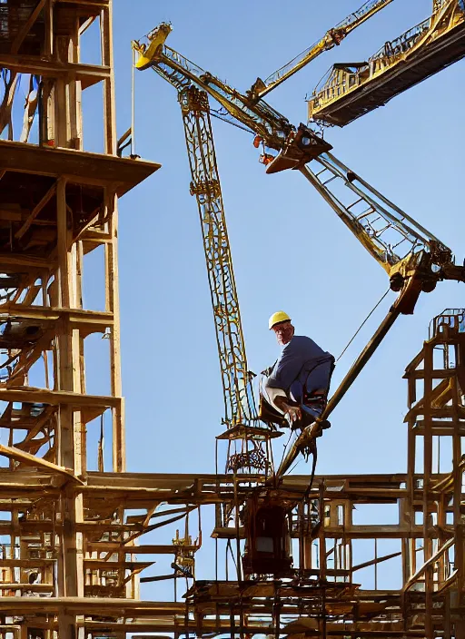 Prompt: construction crane in the shape of bryan cranston, natural light, bloom, detailed face, magazine, press, photo, steve mccurry, david lazar, canon, nikon, focus