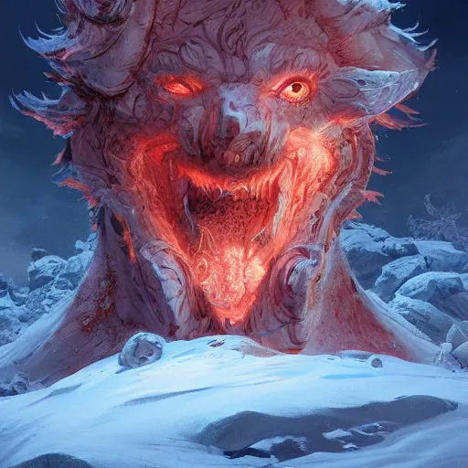 Image similar to A monster in the Arctic covered in snow, fractal Lighting, by Stanley Artgerm Lau, WLOP, Rossdraws, James Jean, Andrei Riabovitchev, Marc Simonetti, and Sakimichan, trending on artstation