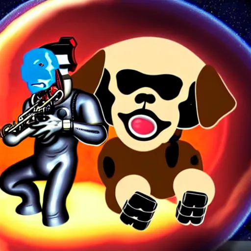 Image similar to t 8 0 0 terminator eating sandwich, hugging a cute puppy while surfing on a saxophone over rings of saturn in space, team fortress 2 sцcreenshot