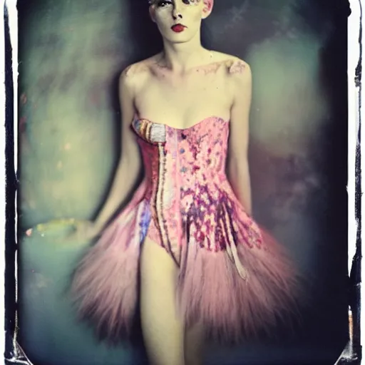 Image similar to kodak portra 4 0 0, wetplate, photo of a surreal artsy dream scene,, girl, weird fashion, grotesque, extravagant dress, carneval, animal, wtf, photographed by paolo roversi style