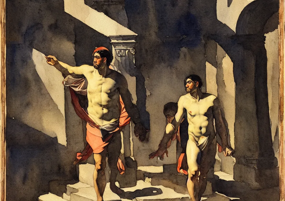 Image similar to watercolor of a latino greek god searching for a watchful light through the streets of a city, sparse detail, complementary color scheme, by george luks, caravaggio and moebius