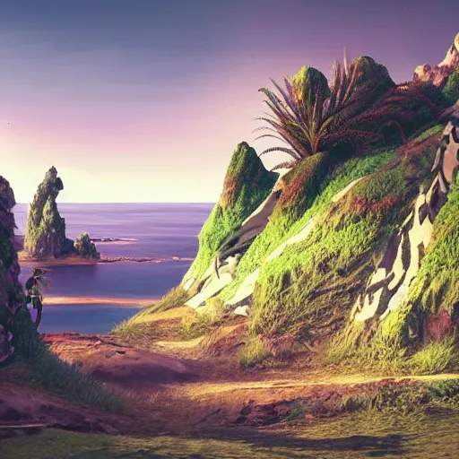 Image similar to artistic digital artwork of a lush natural scene on an alien planet. beautiful landscape by lurid ( 2 0 2 2 ). weird vegetation. cliffs and water. grainy and rough. soft interesting colour palette. straight shapes mixed with organic details. beautiful light. high quality render.