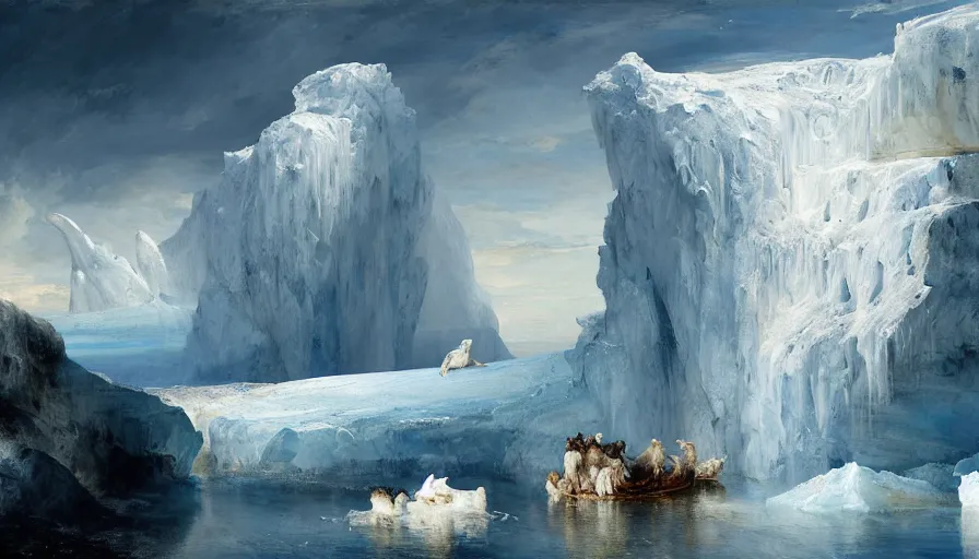 Prompt: highly detailed painting of white giant eagle cat seals on a blue and white iceberg by william turner, by greg rutkowski, by william constable, thick brush strokes and visible paint layers, 4 k resolution