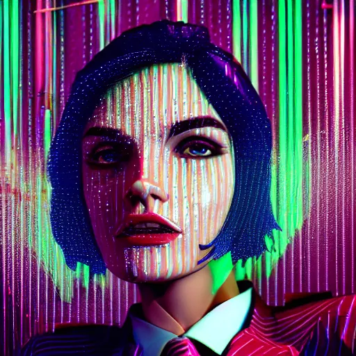 Image similar to stylish woman cartoon portrait made out of rain, pinstripe suit, short blond hair, galactic background, rendered in octane, unreal engine, highly detailed, trending on artstation, realistic, splashes of neon, beautiful