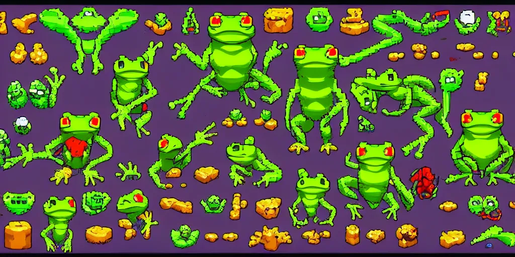 Prompt: game asset, concept art of frog person, high quality pixel art, rpg, very coherent and colourful high contrast. # pixelart