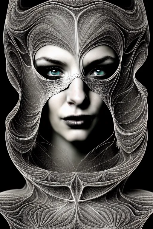 Prompt: portrait of a young beautiful woman with a mask. contemporary photograph and speed painting and fractal and mandelbulb and lines and scribble art. black and white, black on black. intricate, elegant, super highly detailed, professional digital painting, concept art, smooth, sharp focus, no blur, no dof, extreme illustration, Unreal Engine 5, Photorealism, HD quality, 8k resolution, 3D, beautiful, cinematic, art