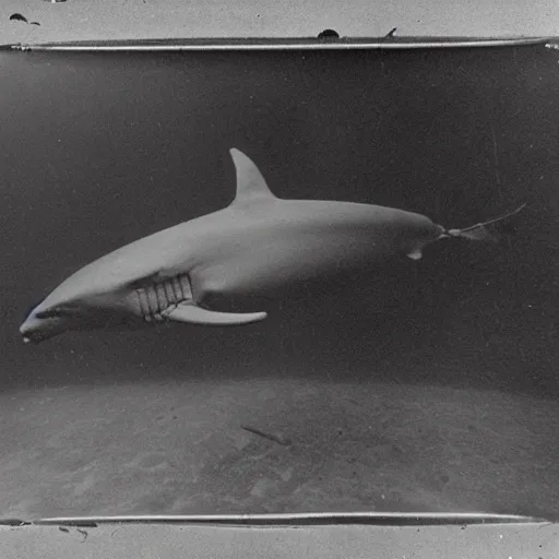 Prompt: underwater tintype photo of whale eating a shark