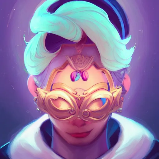 Image similar to a portrait of a cinematic still of the happy mask salesman, art by lois van baarle and loish and ross tran and rossdraws and sam yang and samdoesarts and artgerm and saruei and takaya imamura, digital art, highly detailed, intricate, sharp focus, trending on artstation hq, deviantart, unreal engine 5, 4 k uhd image