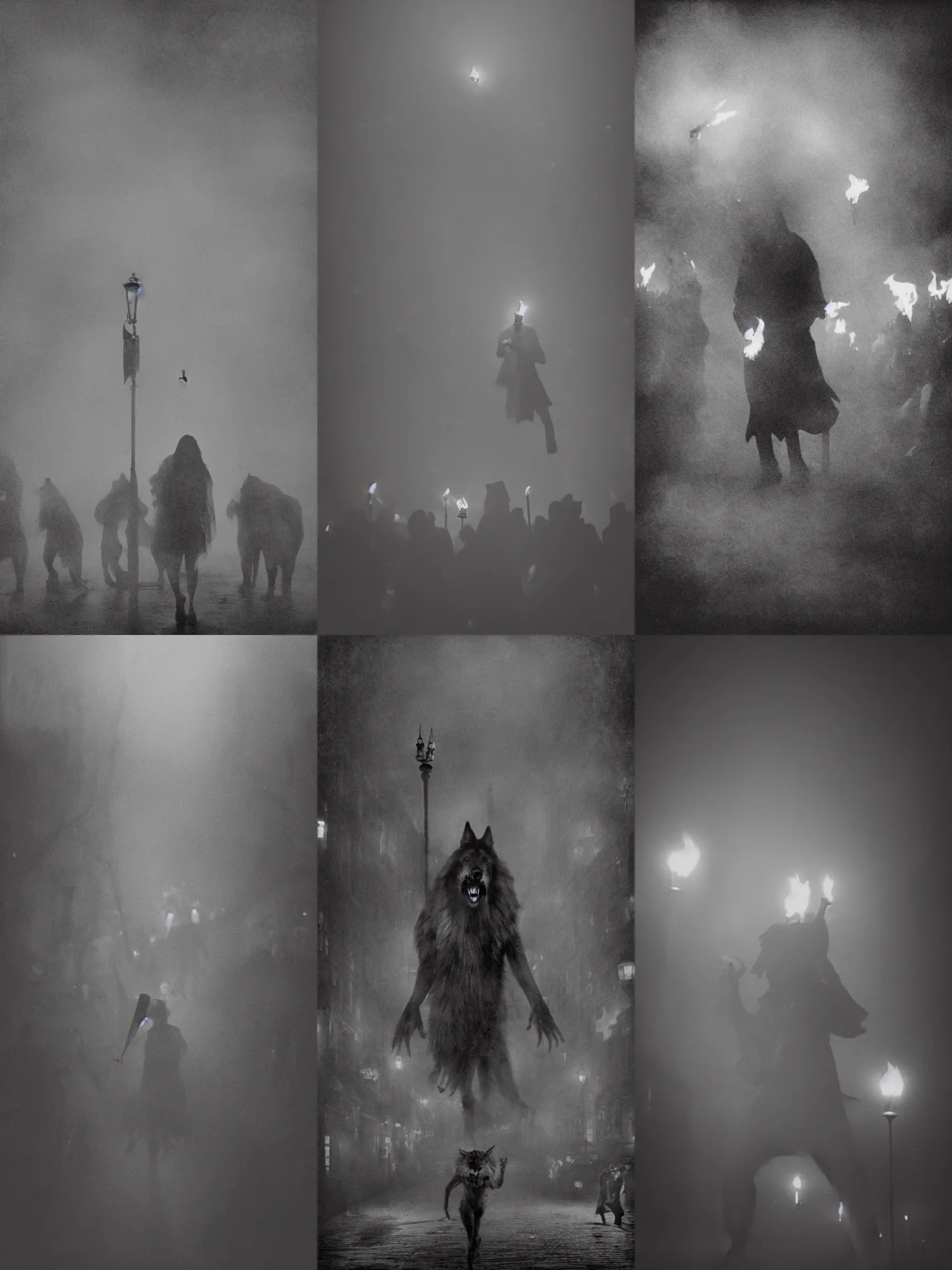 Prompt: nocturnal howling horrific monster running from crowd of people with torches, photo, black and white, early 1900s urban, fog, horror, in the style of annie leibovitz