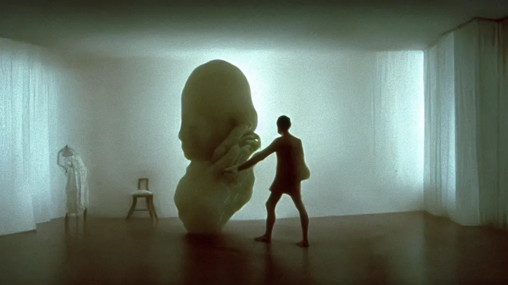 Image similar to a giant hand made of wax and water floats through the living room, film still from the movie directed by Denis Villeneuve with art direction by Zdzisław Beksiński, wide lens