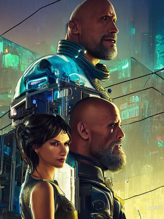 Prompt: a cyberpunk 2077 wedding portrait of Dwayne Johnson and a female android,complex mess of cables and wires behind them connected to giant computer, love,film lighting, by laurie greasley,Lawrence Alma-Tadema,William Morris,Dan Mumford, trending on atrstation, full of color, highly detailed,8K, octane,golden ratio,cinematic lighting