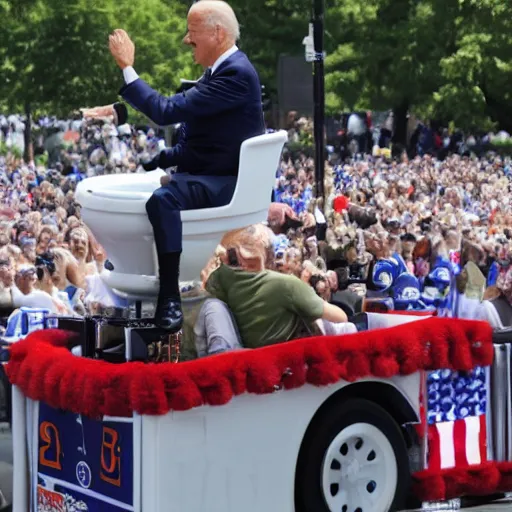Prompt: Photo of Joe Biden riding a toilet at the front of a parade, taken with a Canon EOS 5D.