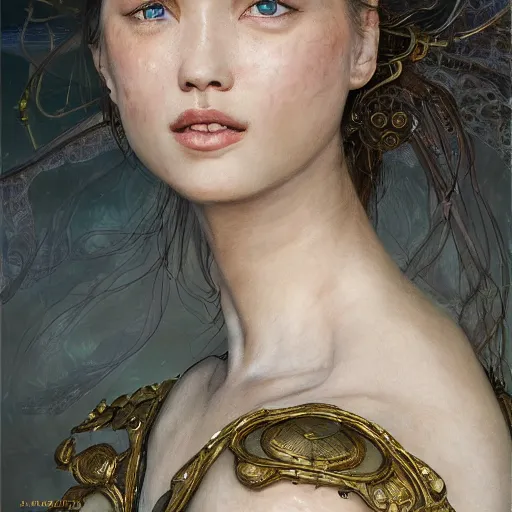 Image similar to a masterpiece ultrarealistic ultradetailed portrait of a incredibly beautiful girl in incredible armor. medium shot, intricate, elegant. by stanley artgerm lau, wlop, rossdraws, james jean, andrei riabovitchev, yoshitaka amano. background by james jean and gustav klimt, light by julie bell, porcelain skin. trending on artstation