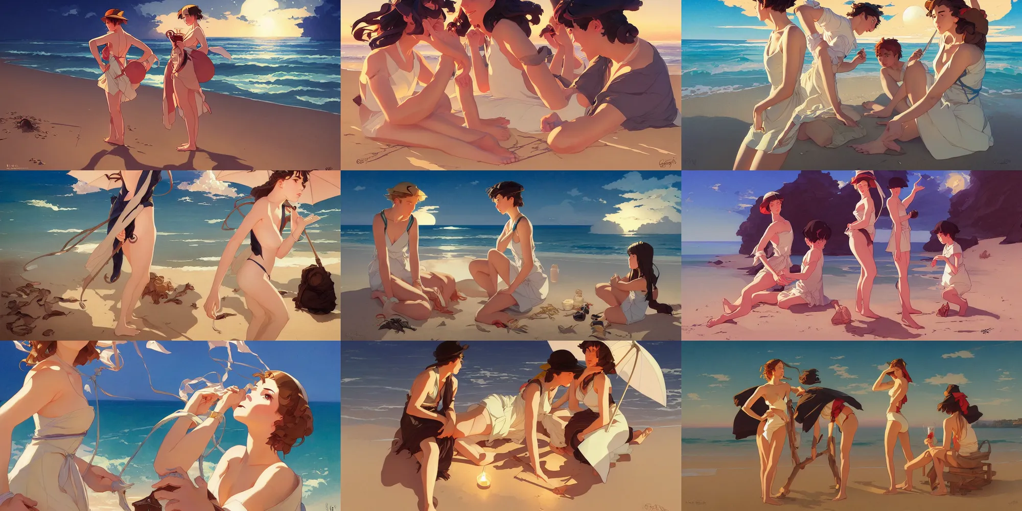 Prompt: beach, night, in the style of studio ghibli, j. c. leyendecker, greg rutkowski, artgerm