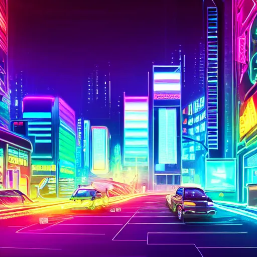 Image similar to hamster in a rainbow cyberpunk city with bright neon lights, 8 k, hd, light reflection