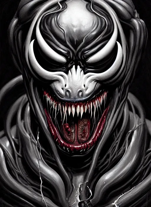 Image similar to a dream portrait of venom as god of the death, black & white, melting, webbing, 8 k, by tristan eaton, stanley artgerm, tom bagshaw, greg rutkowski, carne griffiths, ayami kojima, beksinski, giger, trending on deviantart, face enhance, hyper detailed, minimalist, horror, alien