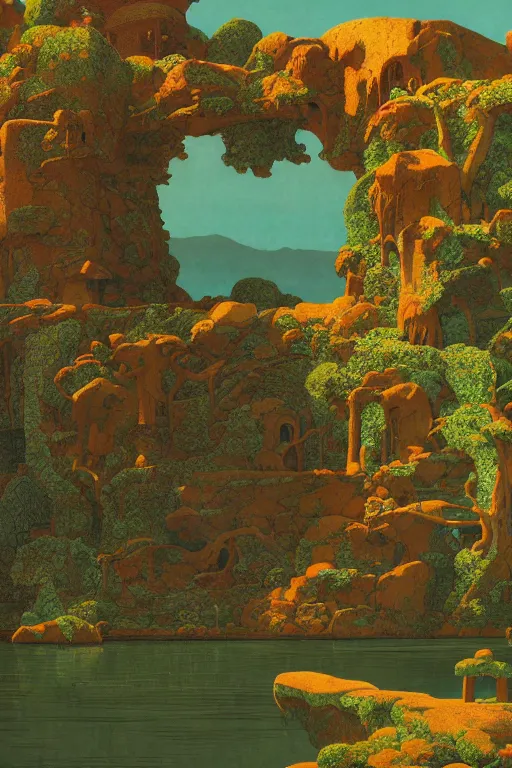 Prompt: ancient stone temple by a lake | by Edmund Dulac and Maxfield Parrish and Nicholas Roerich | ornate carved stone | climbing vines| rich color | dramatic cinematic lighting | golden hour| featured on Artstation | cgsociety | unreal engine