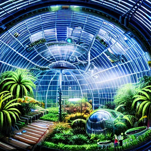 Prompt: a cinematic view of a space habitat colony, large indoor greenhouse with exotic plants, retrofuturism, scifi art, oil on canvas, biodome, stars in the sky above, details, hyper - detailed, hd, hdr, 4 k, 8 k