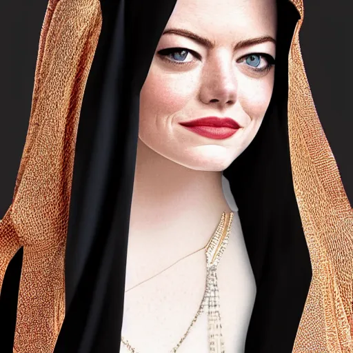 Image similar to A portrait of Emma Stone wearing a Black Arabian abaya , high quality, fully detailed, 4k