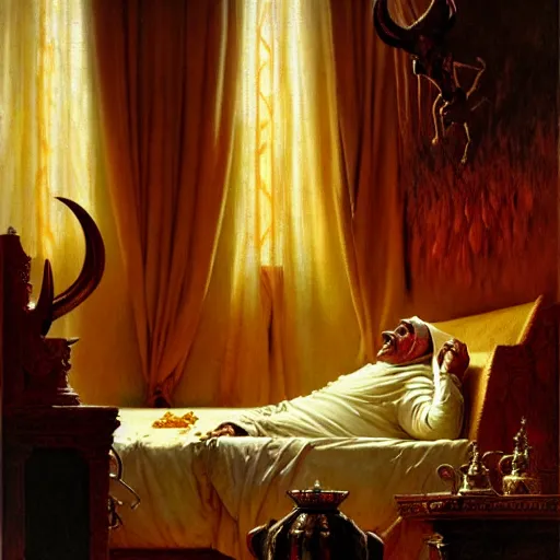 Prompt: the pope is in his bed, nervous and terrified, because a double horned shadow demon from hell lurks in the wallpaper of the bedroom. highly detailed painting by gaston bussiere, j. c. leyendecker, greg rutkowski, craig mullins 8 k