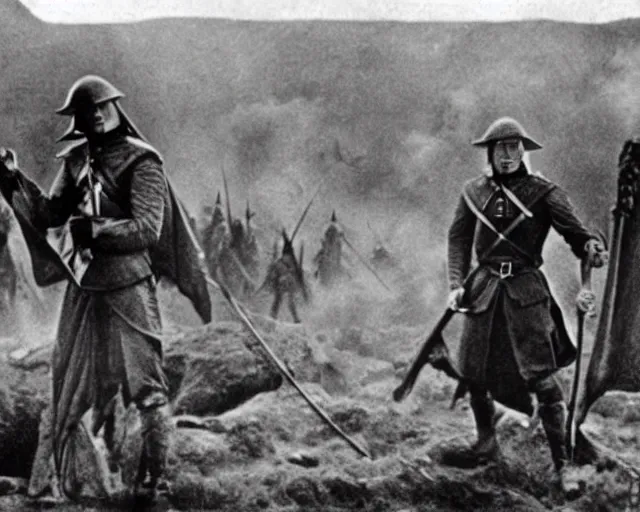 Prompt: vintage photograph of sauron from lord of the rings fighting in ww 1