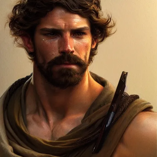 Prompt: portrait of a young rugged ranger, muscular, upper body, hairy torso, D&D, fantasy, intricate, cinematic lighting, highly detailed, digital painting, artstation, concept art, smooth, sharp focus, illustration, art by Artgerm and Greg Rutkowski and Alphonse Mucha