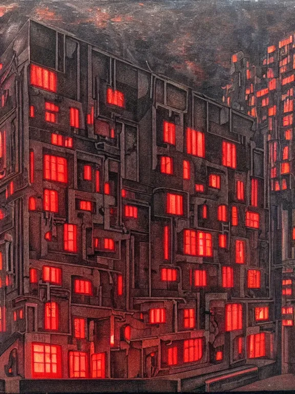 Image similar to painting by beksinsky, giger, bosch of soviet residential building, brutalism architecture, red lights are on windows, demons in adidas, hellish, dark night, hell fire, epic, street lamps as bones with orange light, several birches with skulls, veins wired, mega detailed