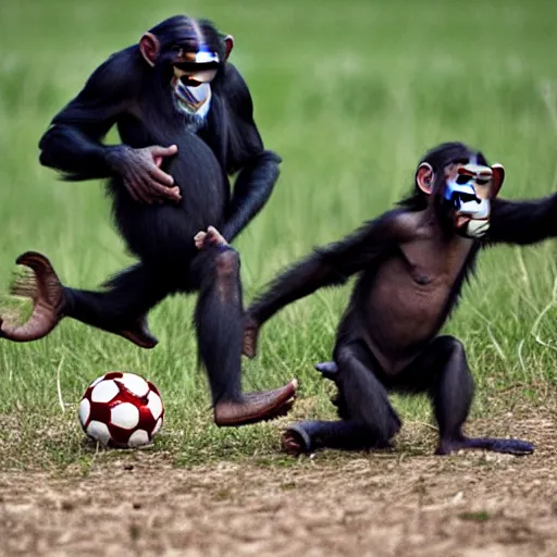 Prompt: two chimpanzees play soccer in a field