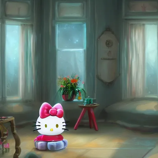 Image similar to backrooms level Hello Kitty stage, digital Painting, ultradetailed, artstation, oil Painting, ultradetailed, artstation