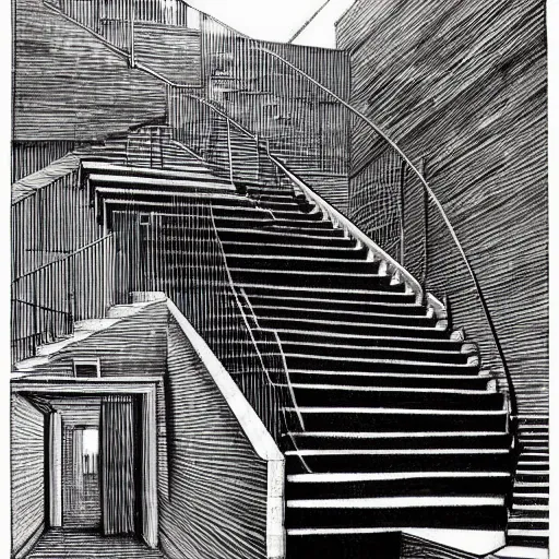 Image similar to Landscape drawing of a maze of stairs, Dark, Intense, Dramatic, prolific, Black and White by François Schuiten and M. C. Escher