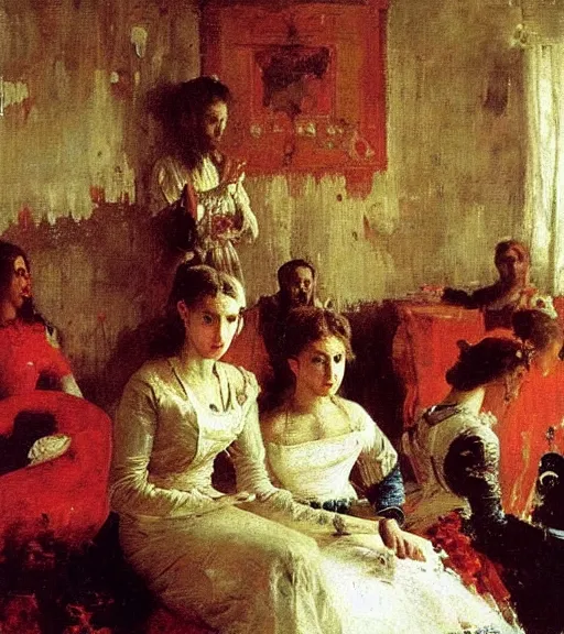 Image similar to high quality high detail painting by ilya repin, many brides in a blood flooded house, hd