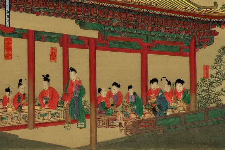 Prompt: a bustling tea house in the ming dynasty, lit by paper lanterns, at night, fantasy art
