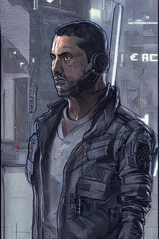 Image similar to hector. blackops spy in near future tactical gear, stealth suit, and cyberpunk headset. Blade Runner 2049. concept art by James Gurney and Mœbius.