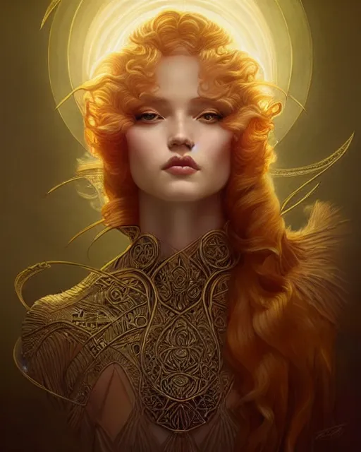 Image similar to Beautiful and playful ethereal ginger portrait, art deco, fantasy, intricate art deco golden designs, elegant, highly detailed, sharp focus, art by Artgerm and Greg Rutkowski and WLOP