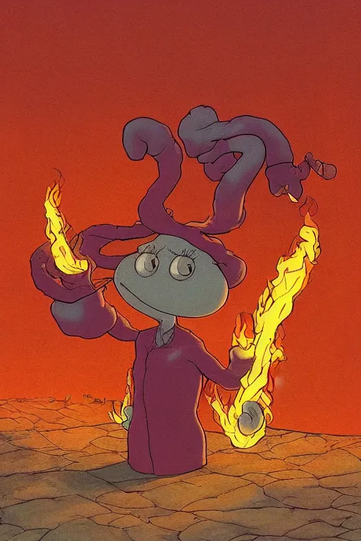 Image similar to squidward firebending outside at susnset, art by moebius, ultra detailed