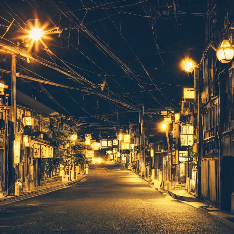 Image similar to photograph of kyoto street at night, bright street lamps, lens flare