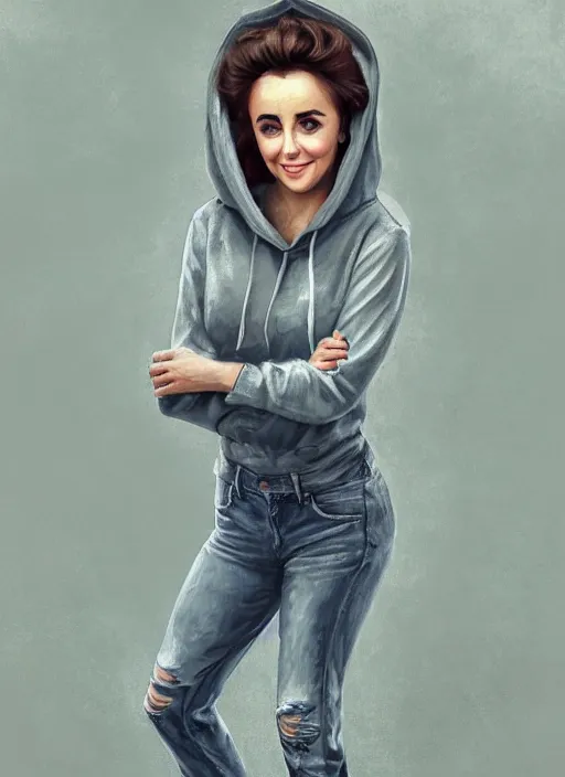 Image similar to elizabeth taylor, gray hoodie, jeans, tiara, half body shot, path traced, highly detailed, high quality, digital painting, alena aenami, leonid afremov, lilia alvarado, shinji aramaki, karol bak, alphonse mucha, tom bagshaw