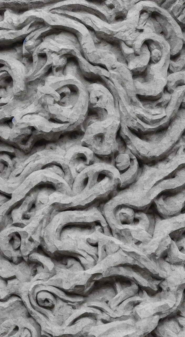 Prompt: a sculpture carved out of stone in the very organic elaborate fluid textures, in a brutalist gallery space of concrete, global illumination, octane render, extreme detail, very intricate, hyperrealism 8 k