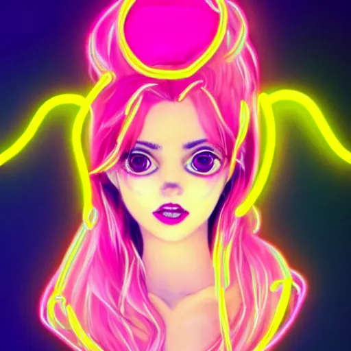 Prompt: neon angelic demon, smiling, very very very popular, very very very beautiful